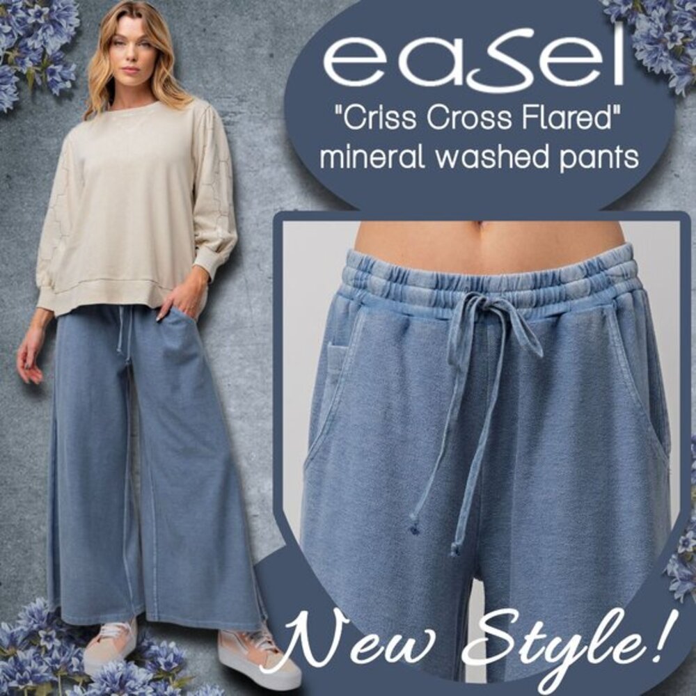 EASEL "Criss Cross" Full Length Mineral Washed Pants, Wide Flared Leg & Pockets